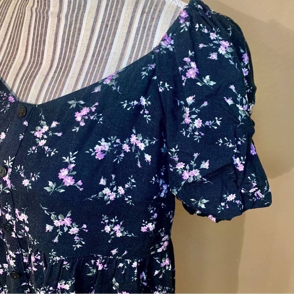 Wild Fable Boho Dress Medium Black Floral Purple Green Flowy Puff Sleeves - Picture 7 of 16